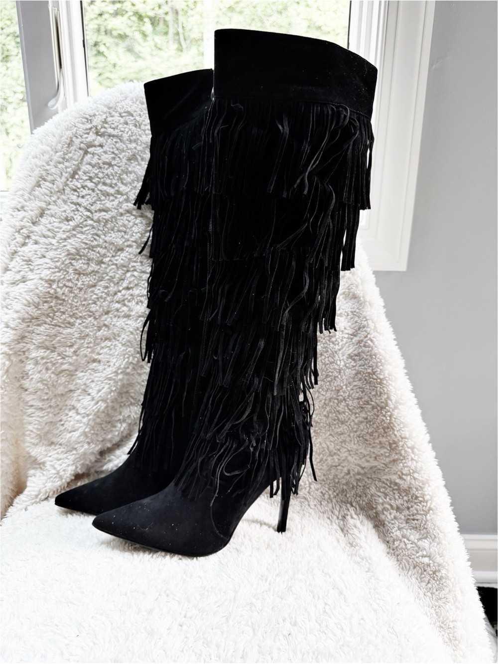 NWOT Black Fringe Stiletto Knee-High Boots